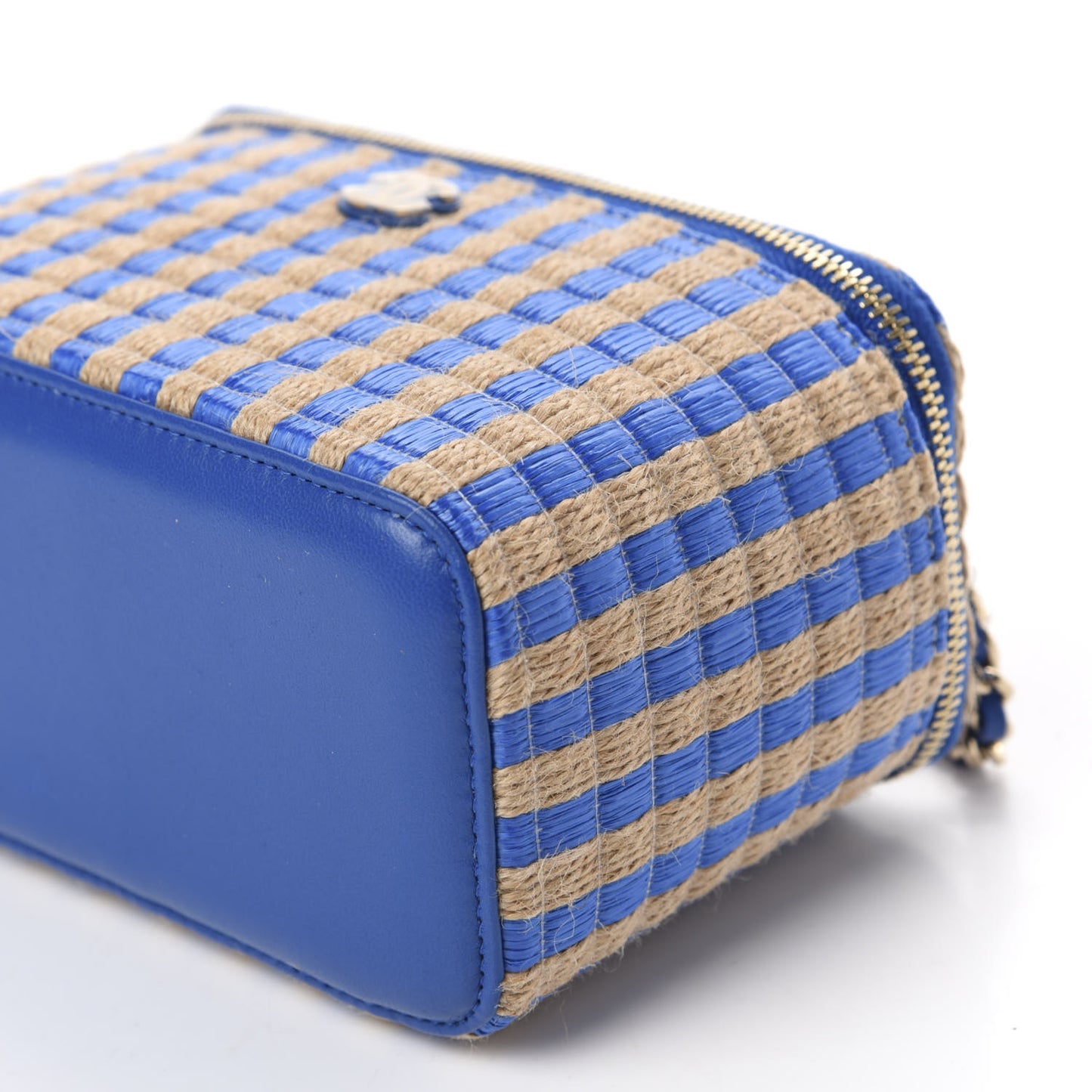 Raffia Jute Striped Small Vanity Case With Chain Blue Beige