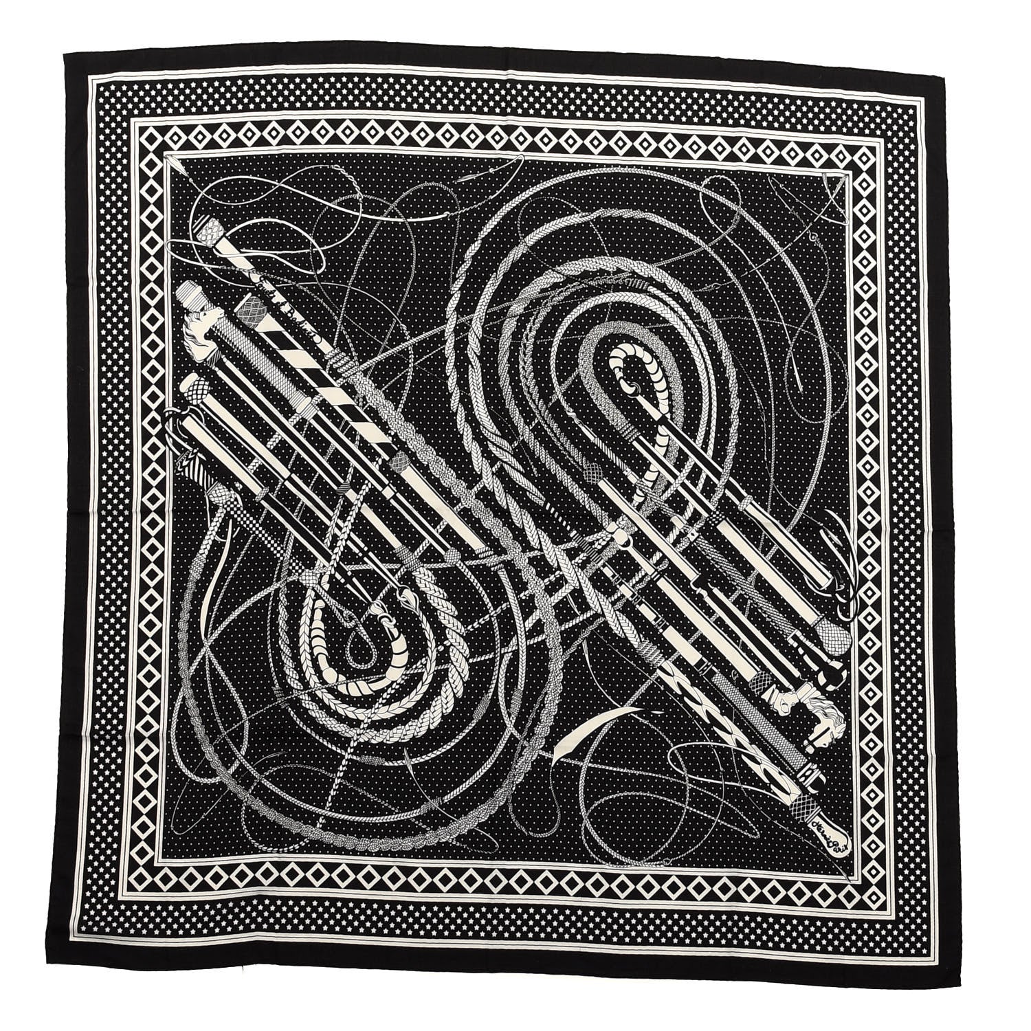 Hermes Silk Cashmere Fouets Et Badines Bandana Shawl 140 White Black 1 of 4