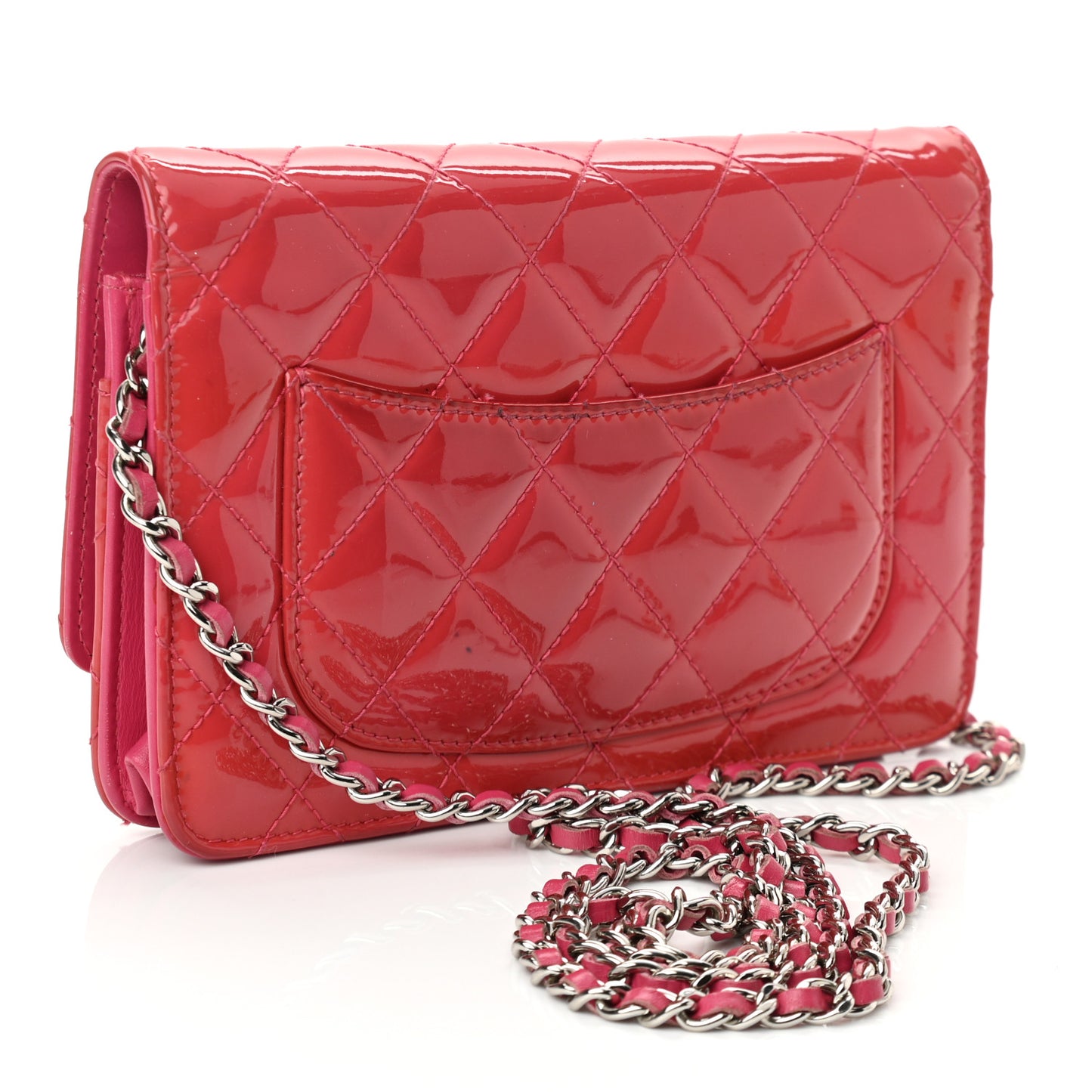 Patent Calfskin Quilted Wallet On Chain WOC Pink