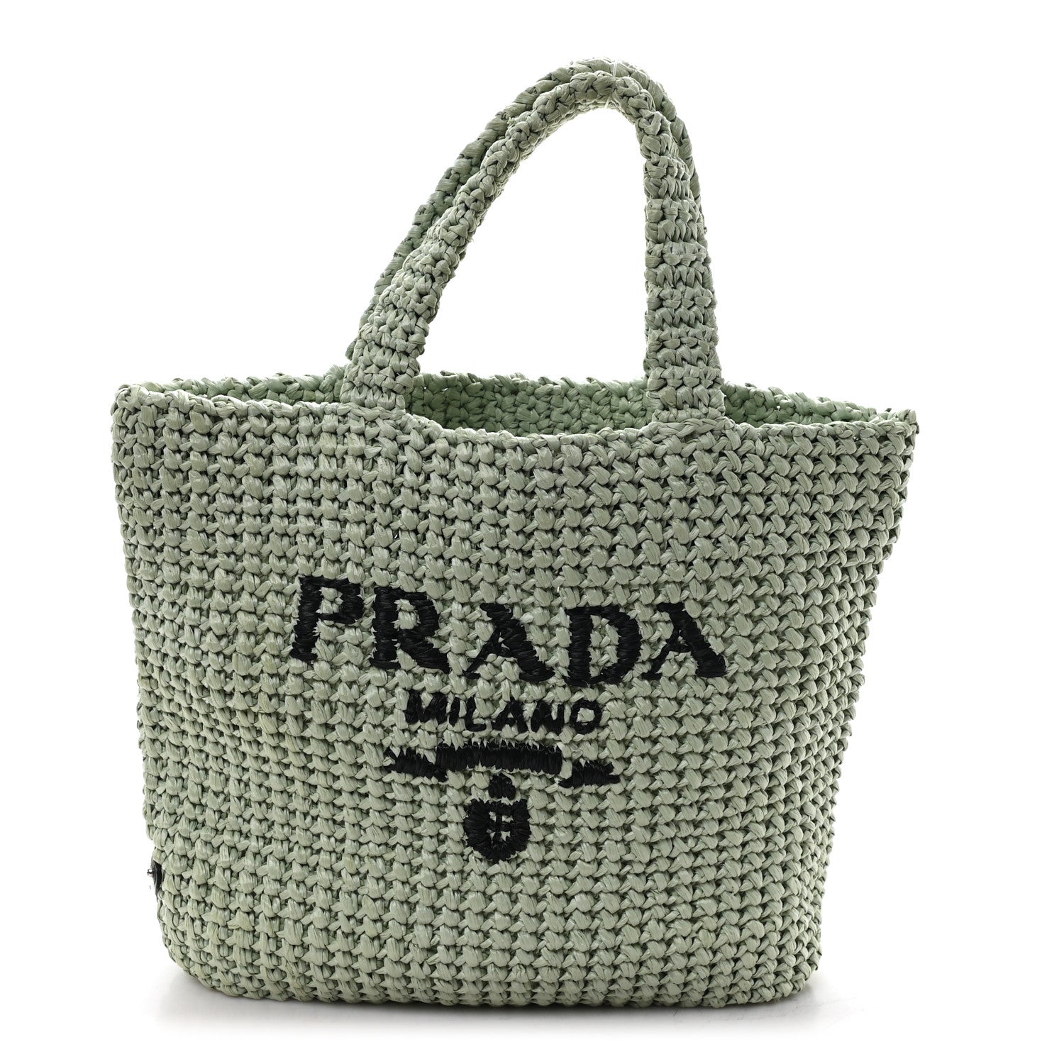 Prada Yarn Raffia Effect Crochet Small Logo Tote Acqua 1 of 10