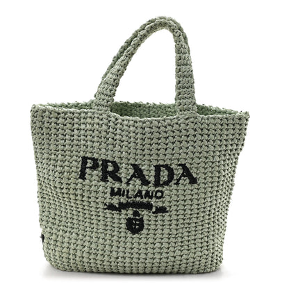 Prada Yarn Raffia Effect Crochet Small Logo Tote Acqua 1 of 10