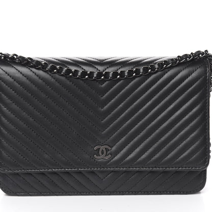 Chanel Lambskin Chevron Quilted Wallet On Chain WOC So Black 11 of 14