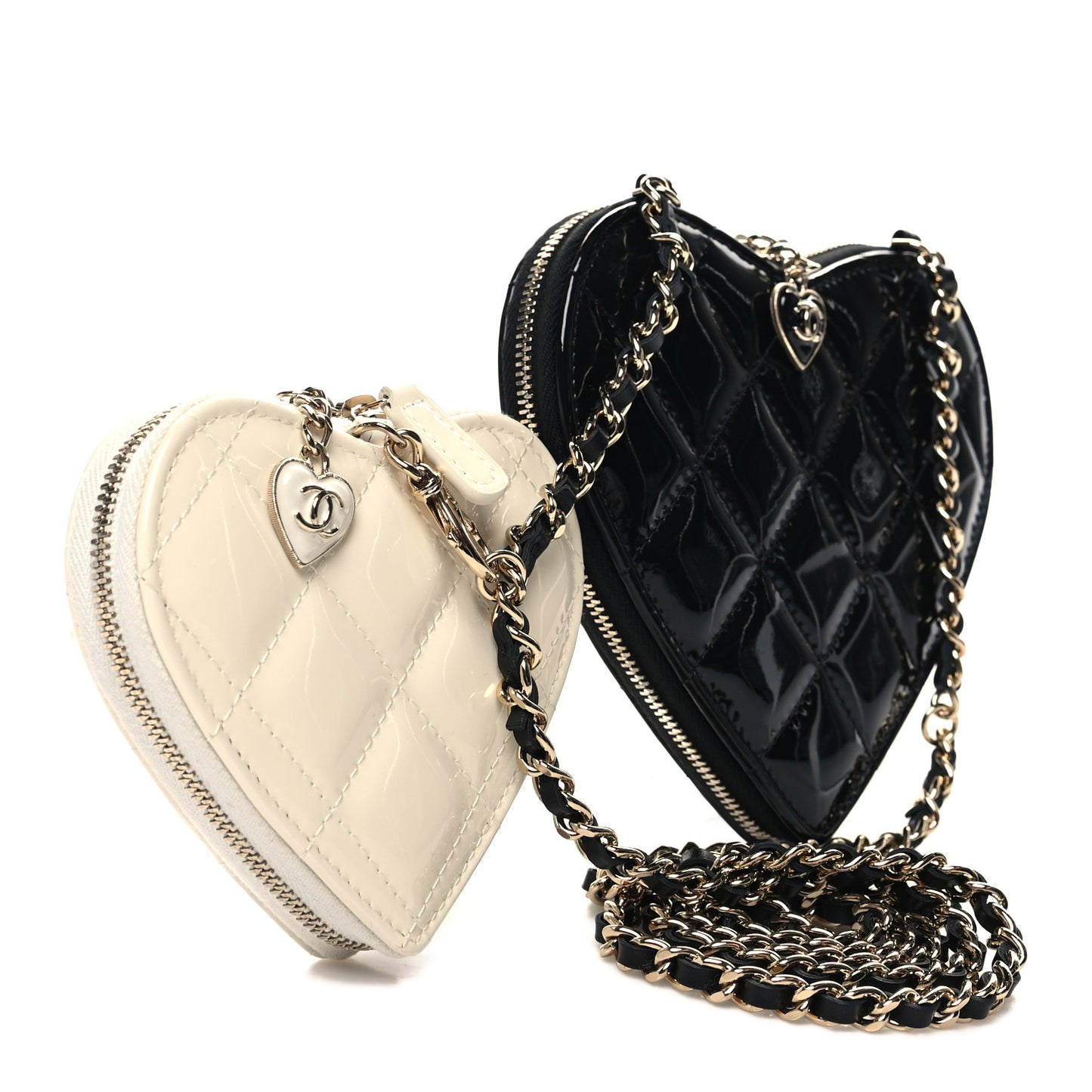 Patent Calfskin Resin Quilted CC Heart Clutch With Chain Black