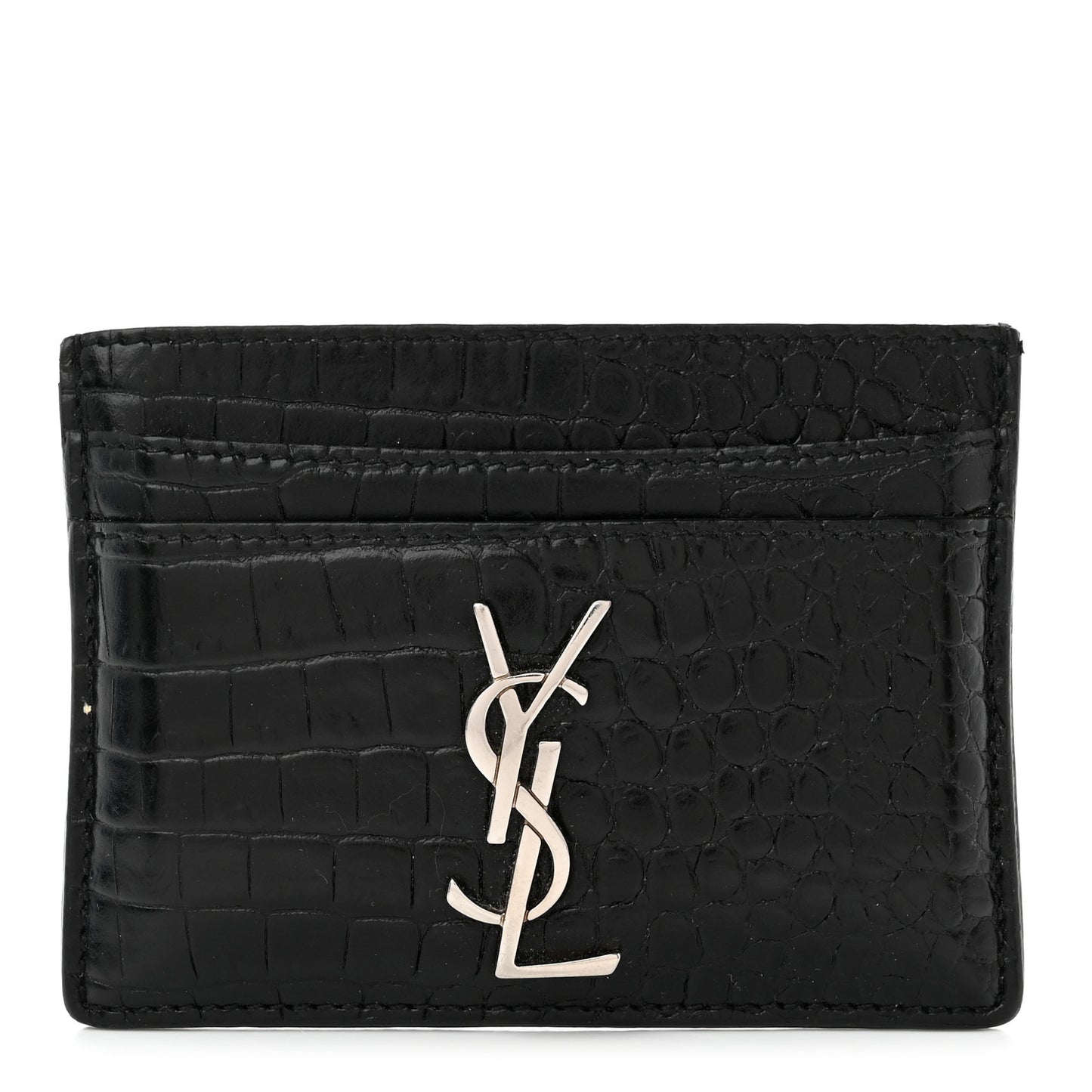 Calfskin Crocodile Embossed Monogram Credit Card Case Black