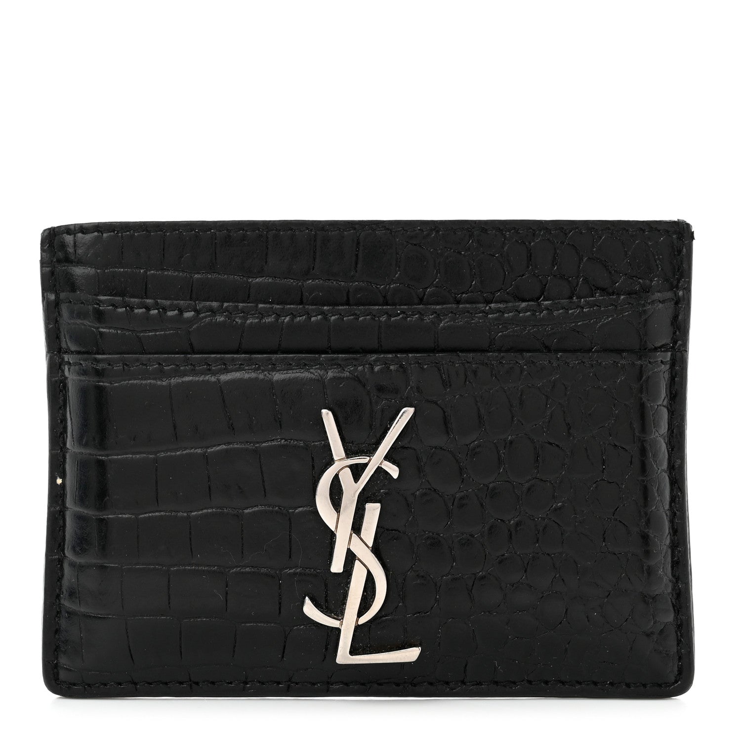 Saint Laurent Calfskin Crocodile Embossed Monogram Credit Card Case Black 1 of 8