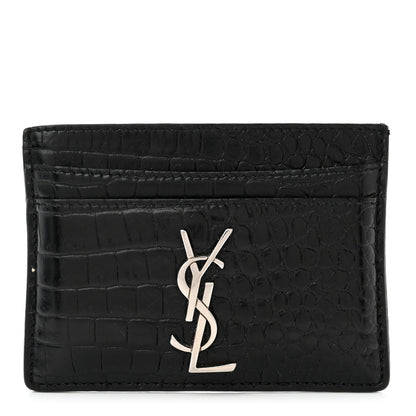 Saint Laurent Calfskin Crocodile Embossed Monogram Credit Card Case Black 1 of 8