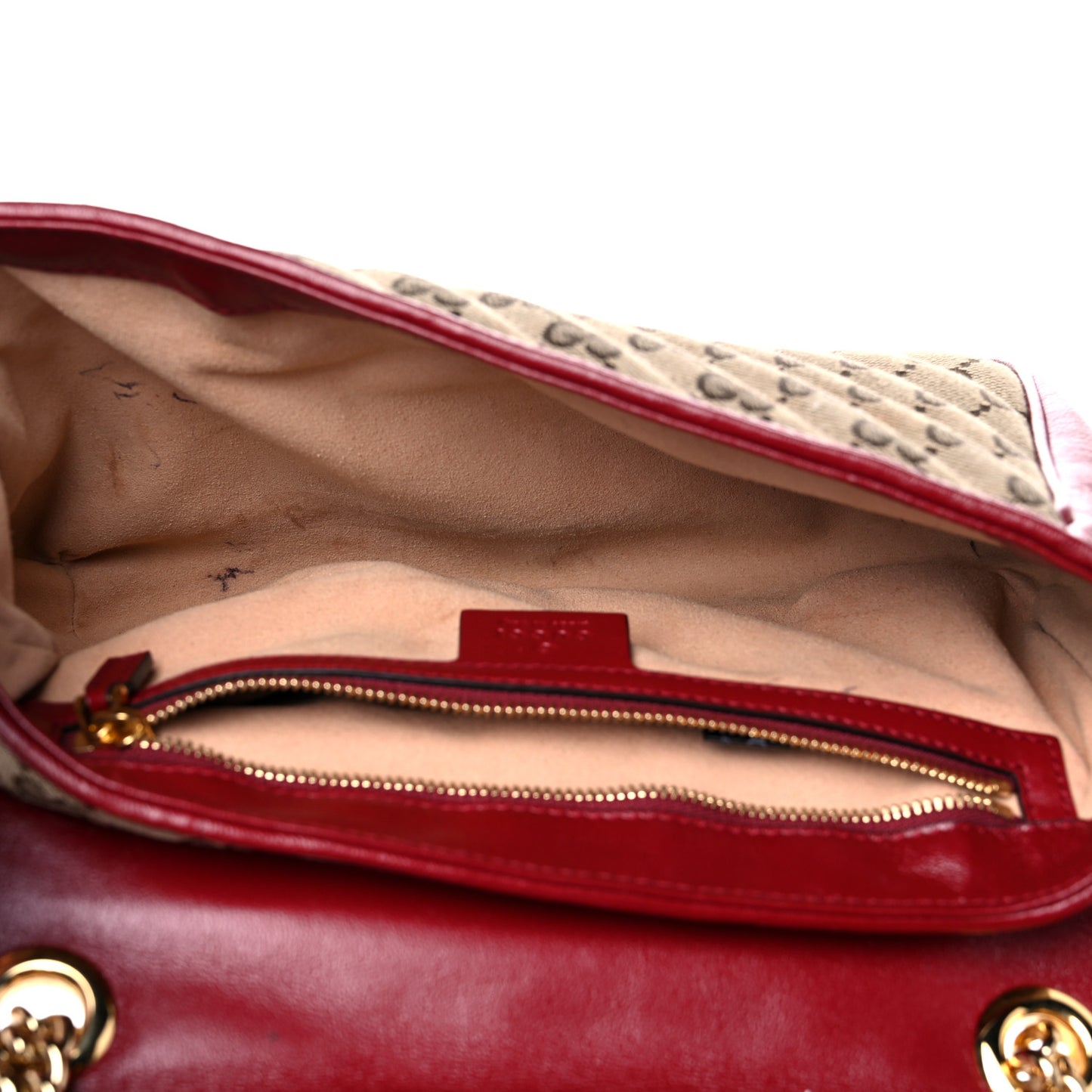 Monogram Azalea Calfskin Matelasse Diagonal Small GG Marmont Shoulder Bag Beige Ebony New Cherry Red