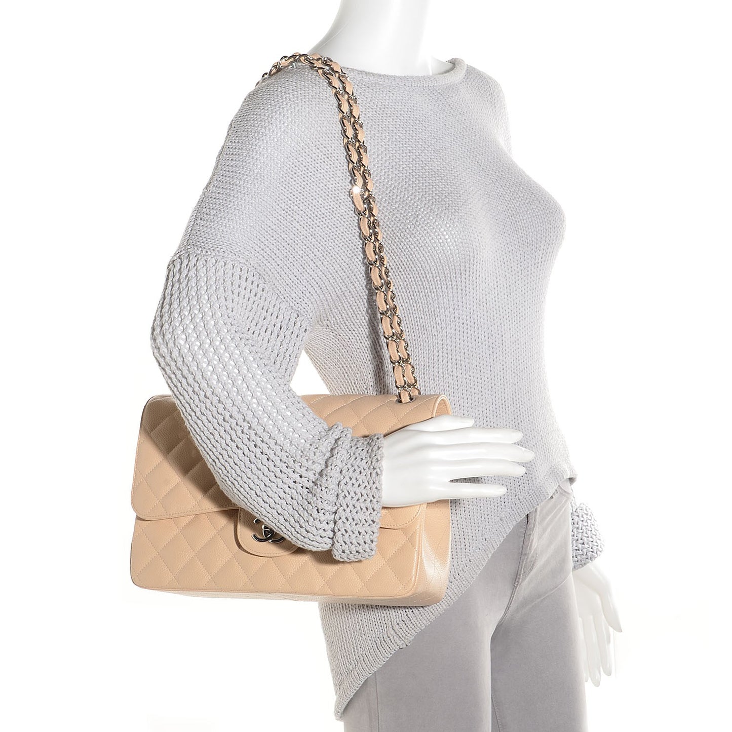 Caviar Jumbo Double Flap Light Beige