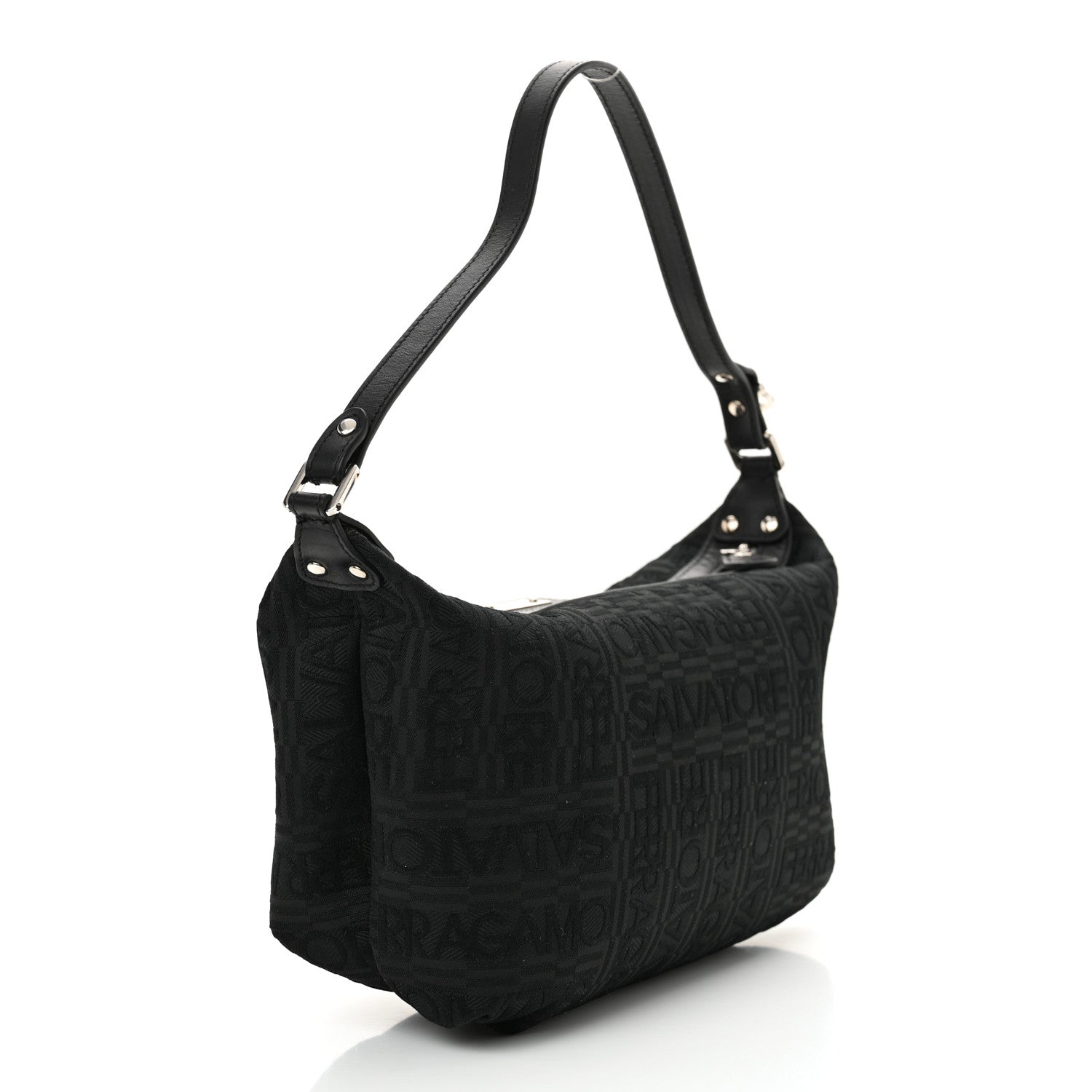 Salvatore Ferragamo Canvas Calfskin Logo Shoulder Bag Black 3 of 11