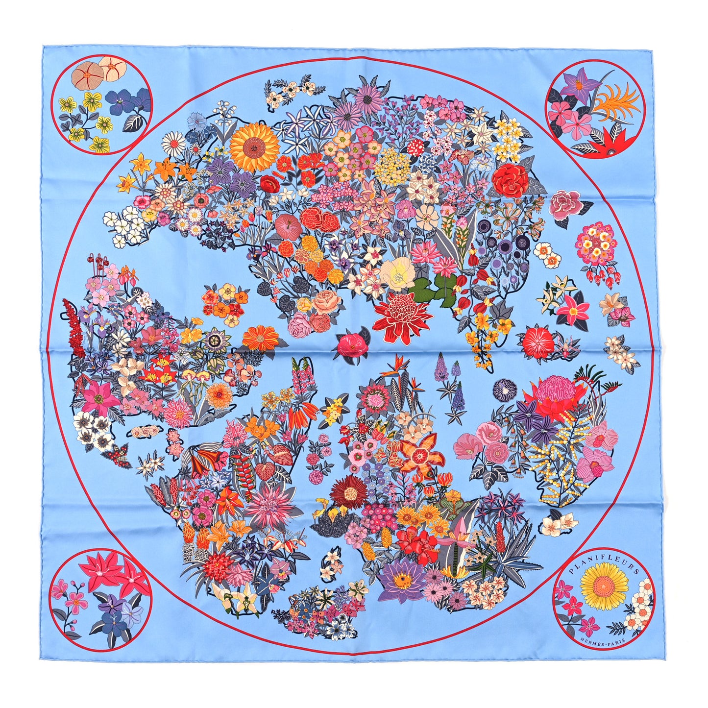 Silk Planifleurs Scarf 90 Bleu Ciel Rose Rouge