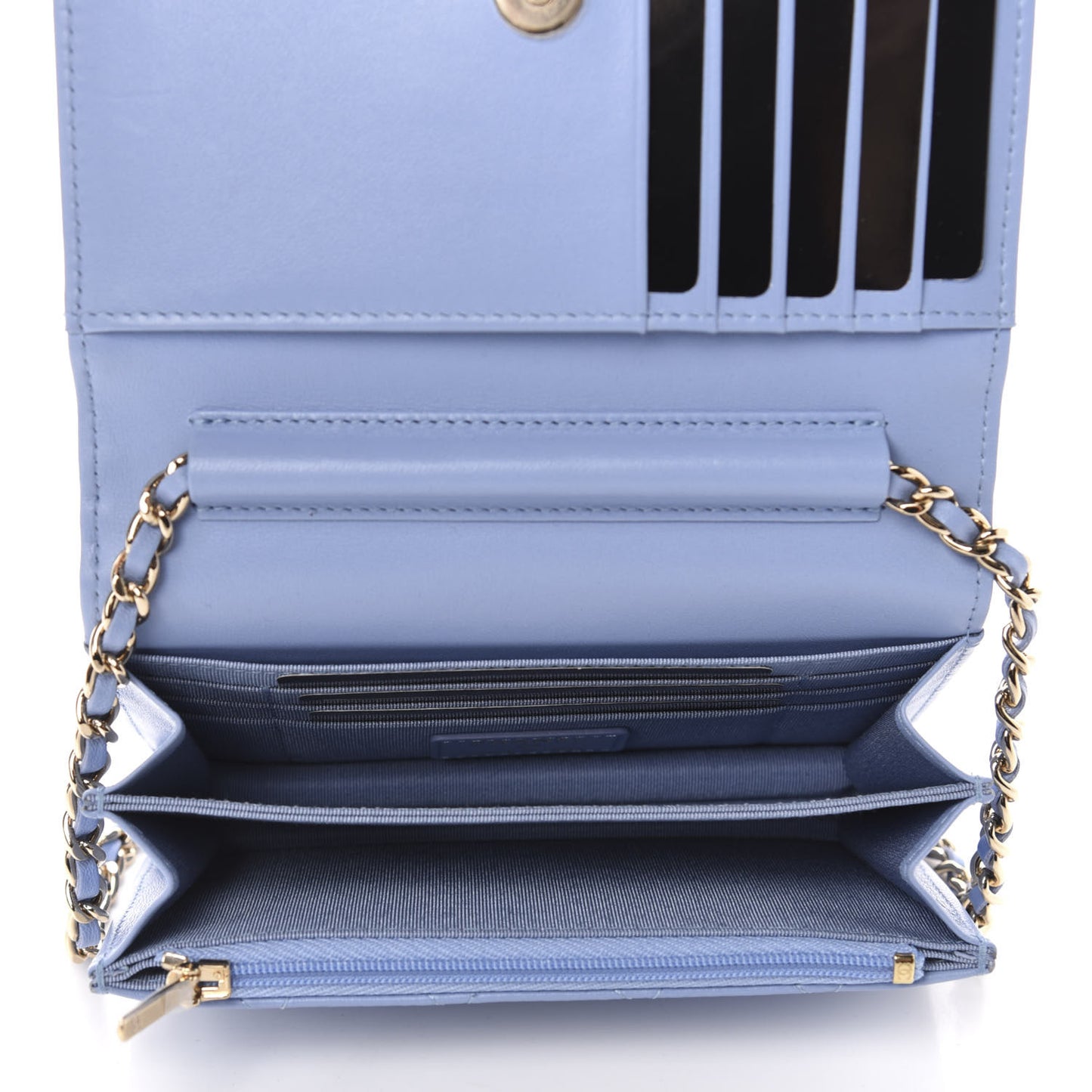 Lambskin Quilted Mini Wallet On Chain WOC Light Blue