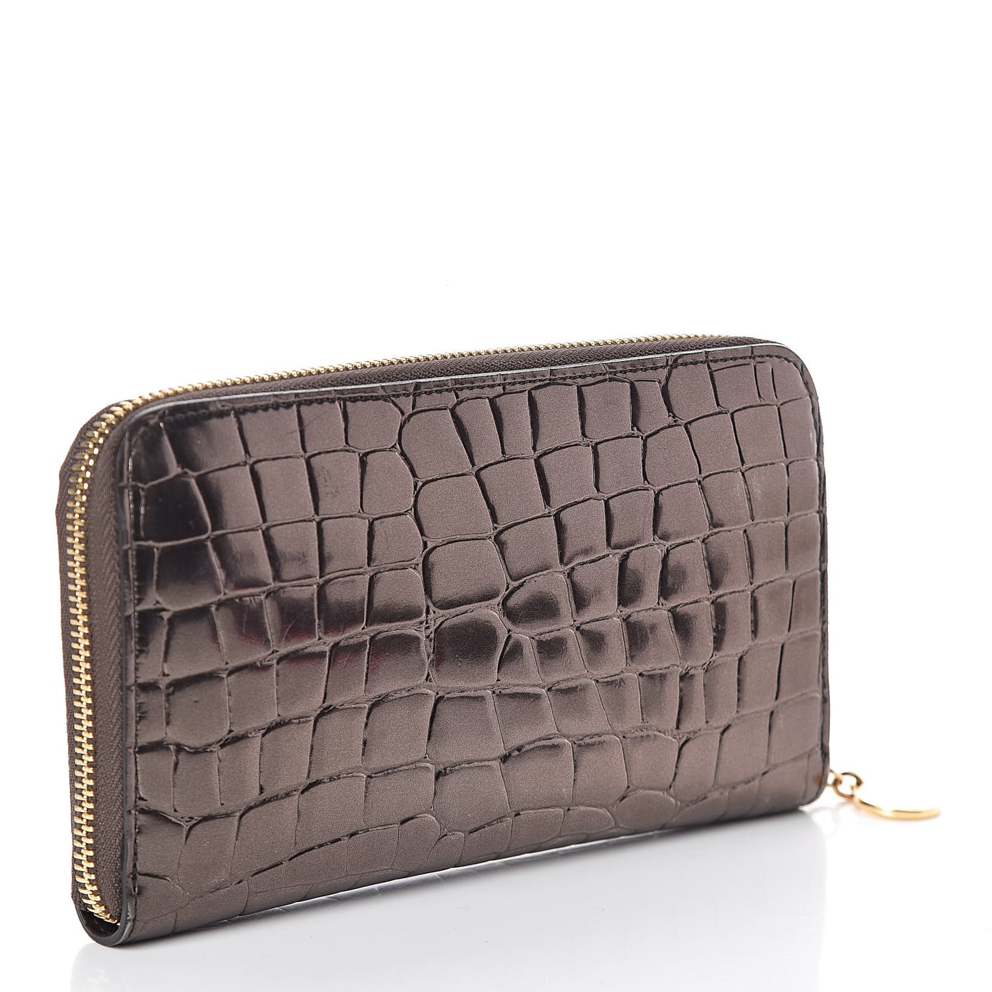 Metallic Embossed Crocodile Effect Zip Around Wallet Brown