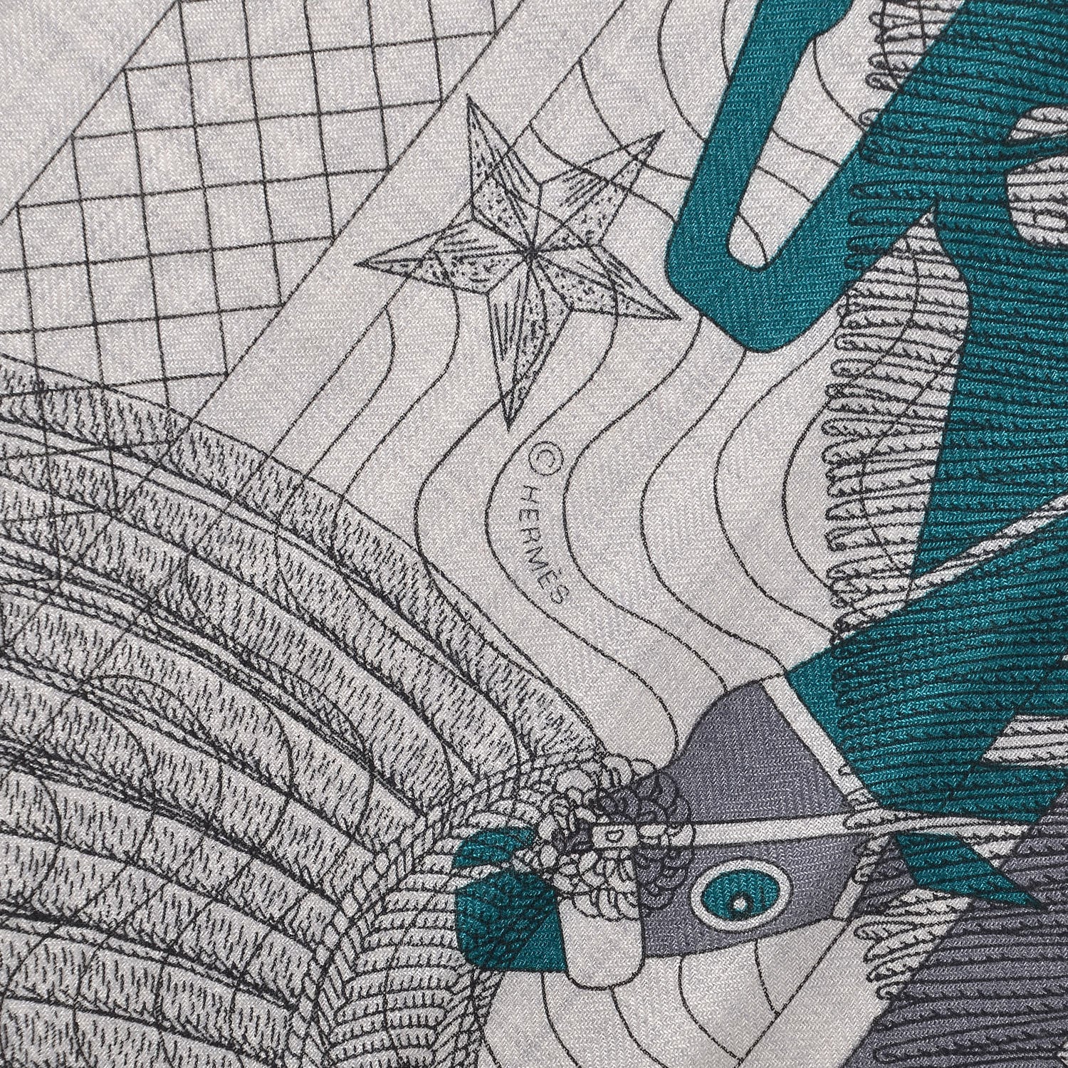 Hermes Cashmere Silk Imprimeur Fou Steeple Poste Shawl 140 Gris Clair Chine Anthracite Turquoise 3 of 4