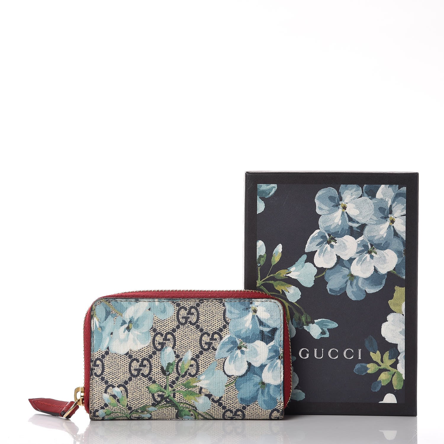 Gucci GG Supreme Monogram Blooms Zip Around Card Case Wallet Beige Blue Navy Hibiscus Red 9 of 9