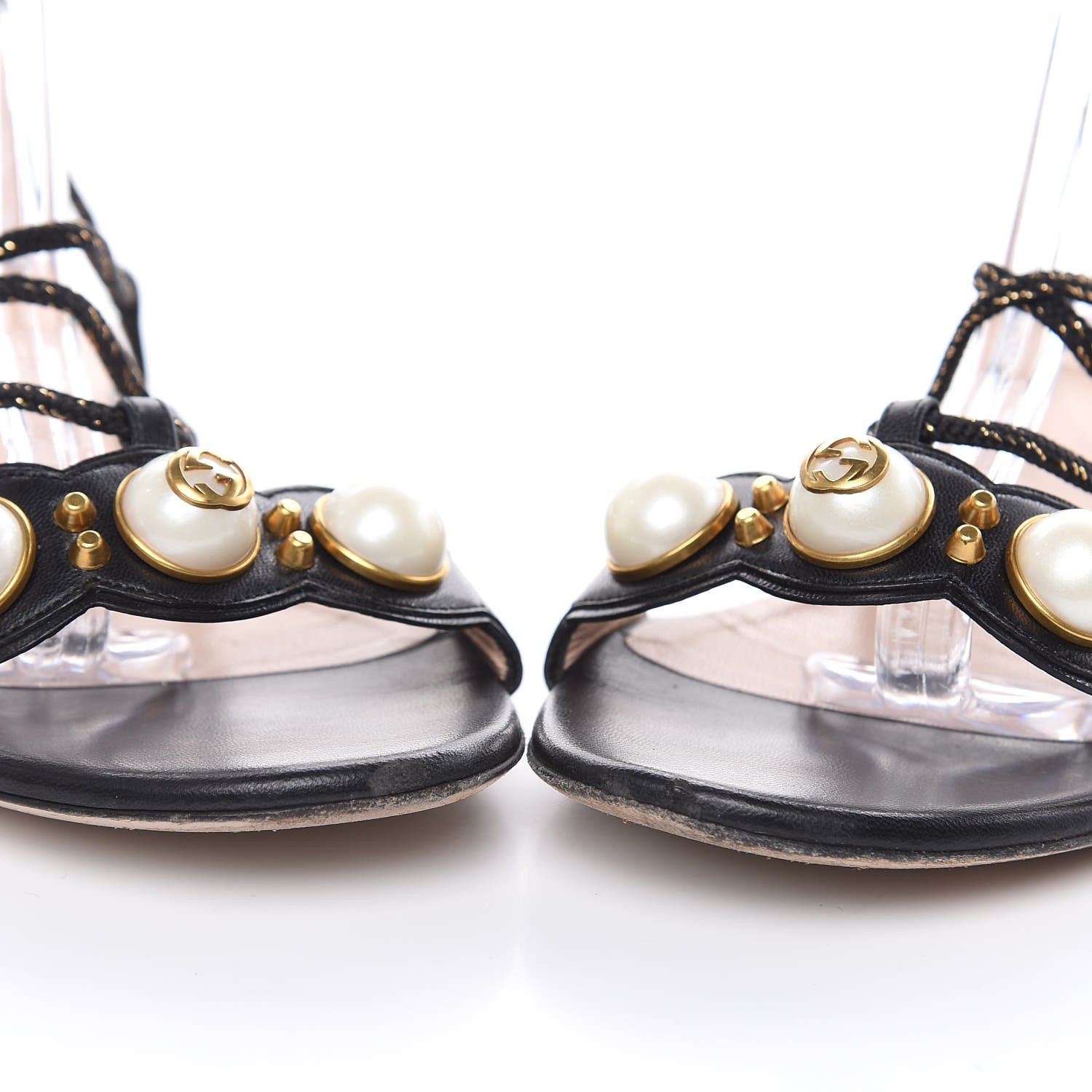 Gucci Malaga Kid Pearl Lace Up Sandals 35 Black 9 of 10