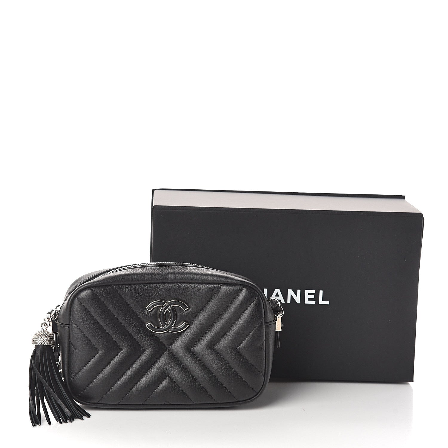 Chanel Calfskin Diagonal Chevron Quilted Tassel Camera Case Black 9 of 9