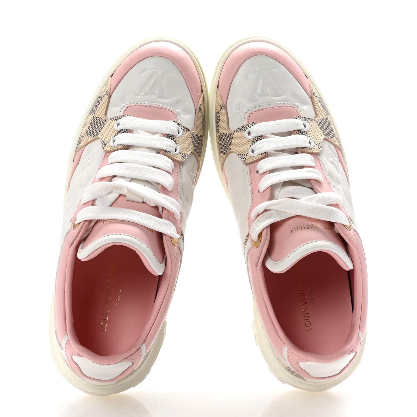 Monogram Embossed Calfskin Damier Azur Time Out Sneakers 38 Rose Clair Pink