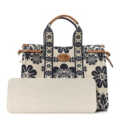 Valentino Garavani Jacquard Canvas Flower Vlogo Large Antibes Tote Ivory Navy Natural 3 of 10