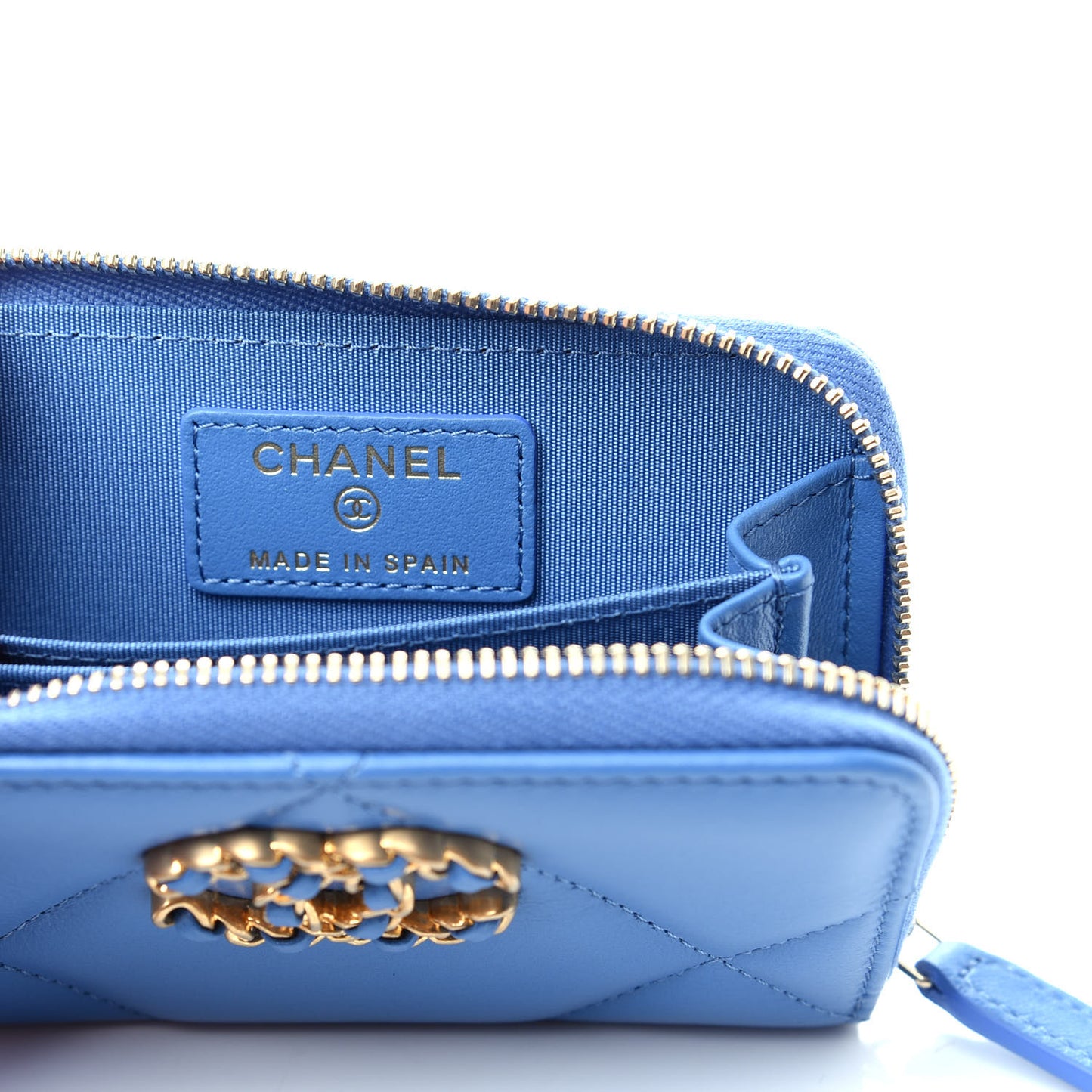 Goatskin Quilted 19 Zip Around Coin Purse Wallet Blue