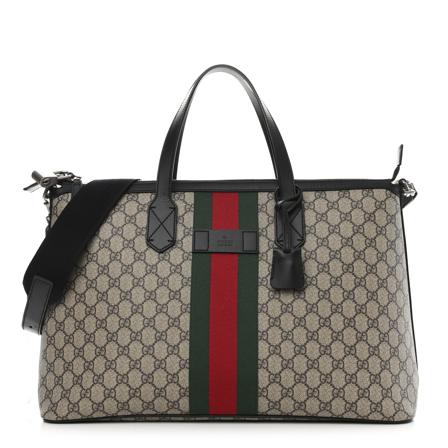 Gucci GG Supreme Monogram Web Medium Zippered Tote Beige Black 1 of 11