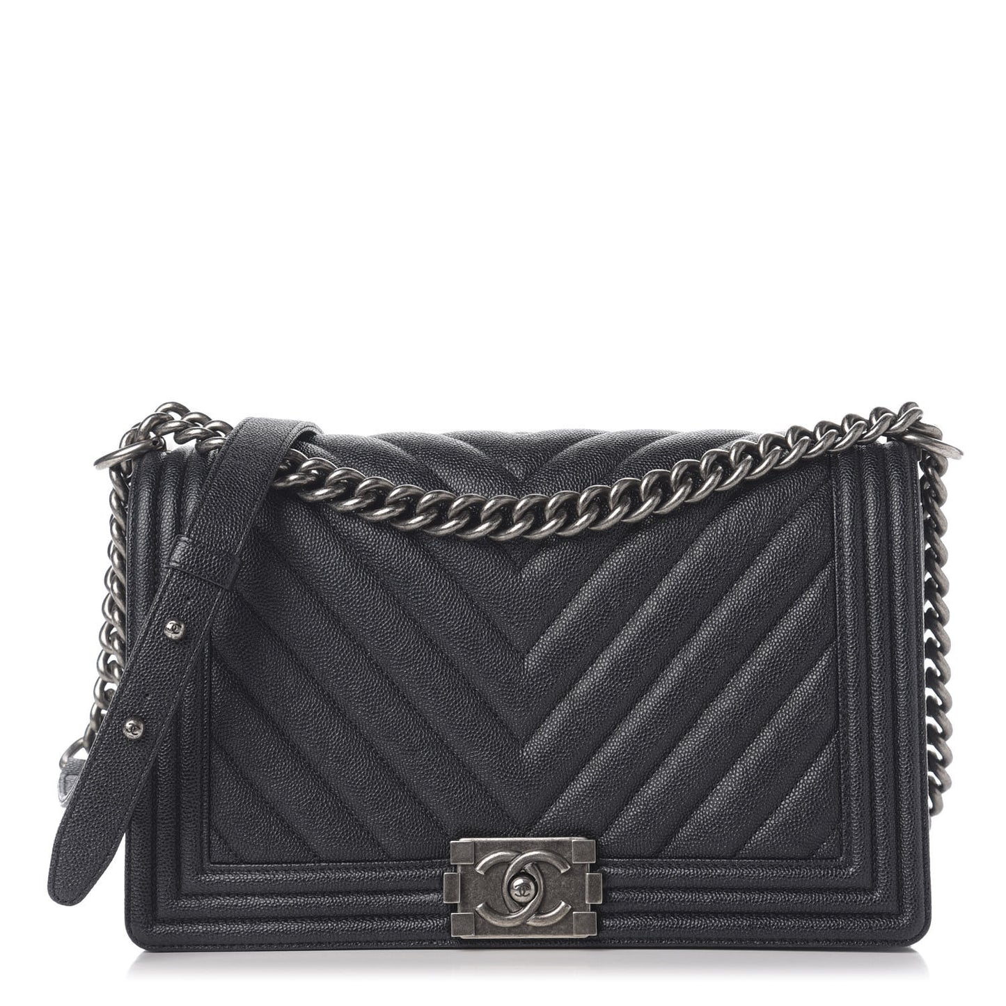 Caviar Chevron Quilted New Medium Boy Flap Dark Navy Blue