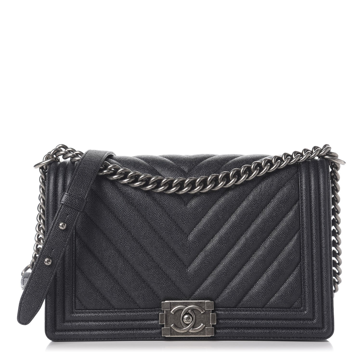 Chanel Caviar Chevron Quilted New Medium Boy Flap Dark Navy Blue 1 of 10