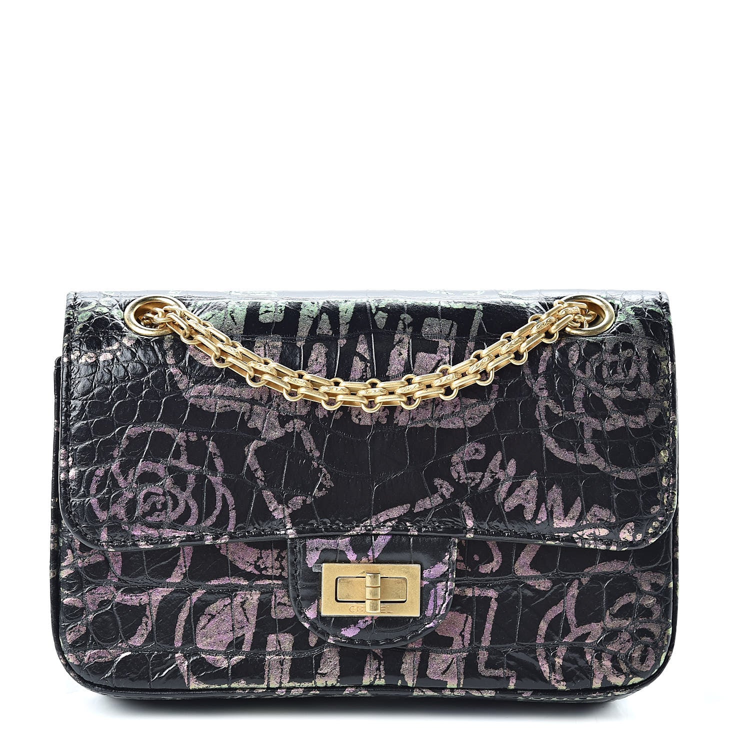 Chanel Calfskin Crocodile Embossed Graffiti 2.55 Mini Cocodile Reissue Flap Black Pink 1 of 11