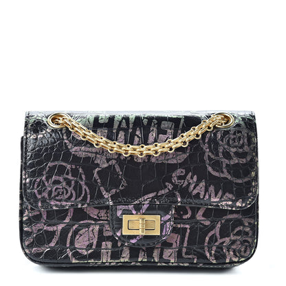 Chanel Calfskin Crocodile Embossed Graffiti 2.55 Mini Cocodile Reissue Flap Black Pink 1 of 11
