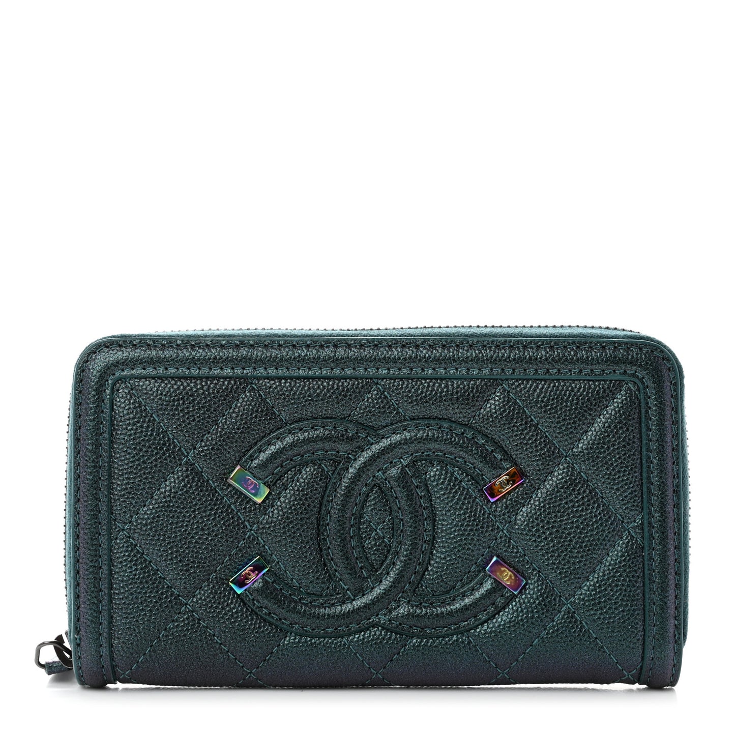 Iridescent Caviar Quilted Medium Filigree Zip Around Wallet Dark Turquoise