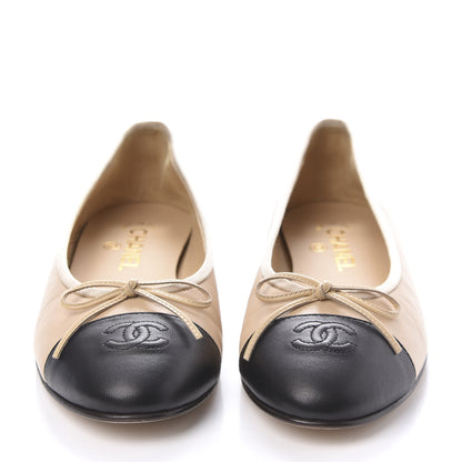 Chanel Lambskin Cap Toe CC Ballerina Flats 40 Beige Black 2 of 9