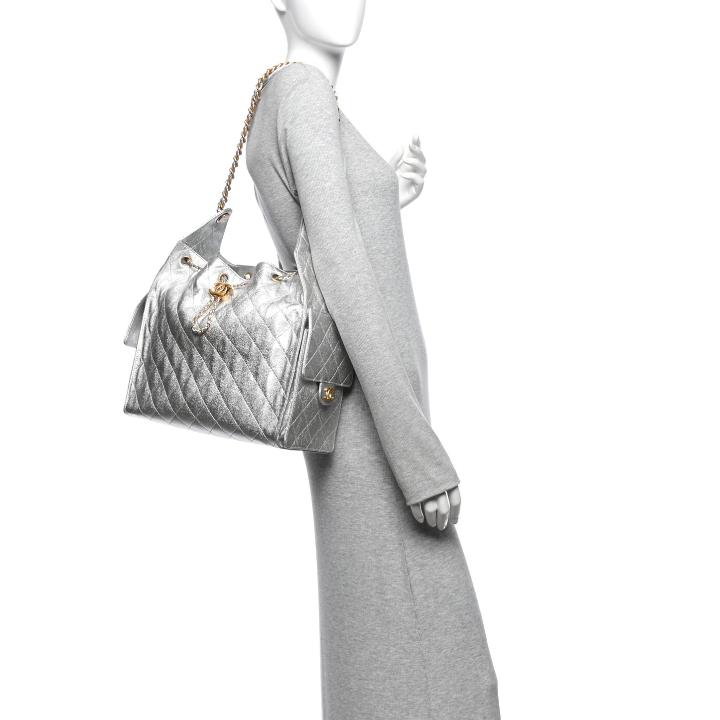 Metallic Caviar Quilted Medium Chanel 25 Handbag Silver