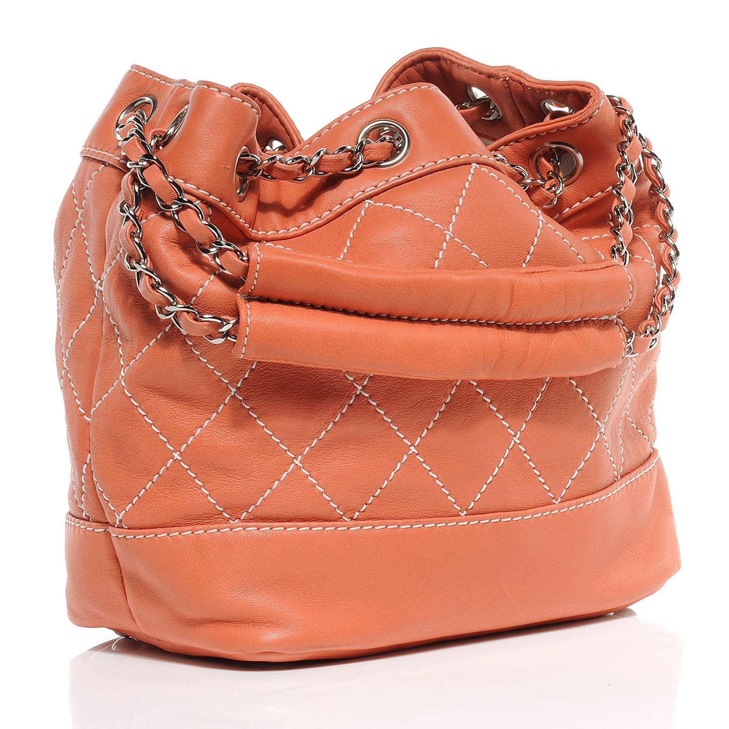 Lambskin Contrast Stitch Small Drawstring Tote Coral