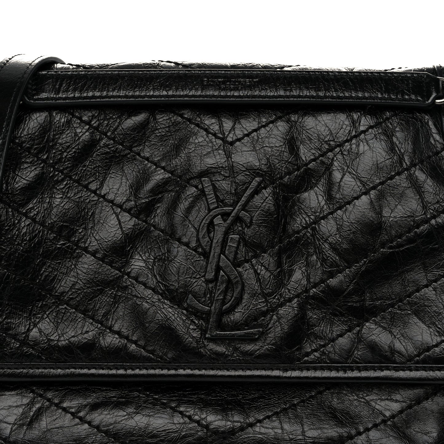 Crinkled Calfskin Matelasse Monogram Medium Niki Chain Satchel Black