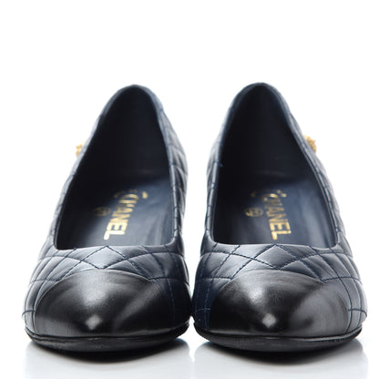 Chanel Calfskin Quilted Cap Toe Camellia Pumps 38 Navy Black 2 of 11