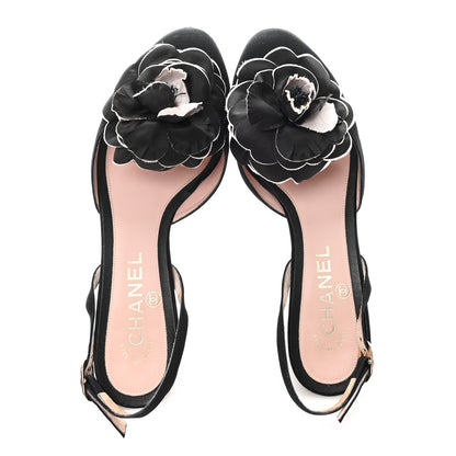 Chanel Satin Camelia Block Heels Sandals 37.5 Black 2 of 11