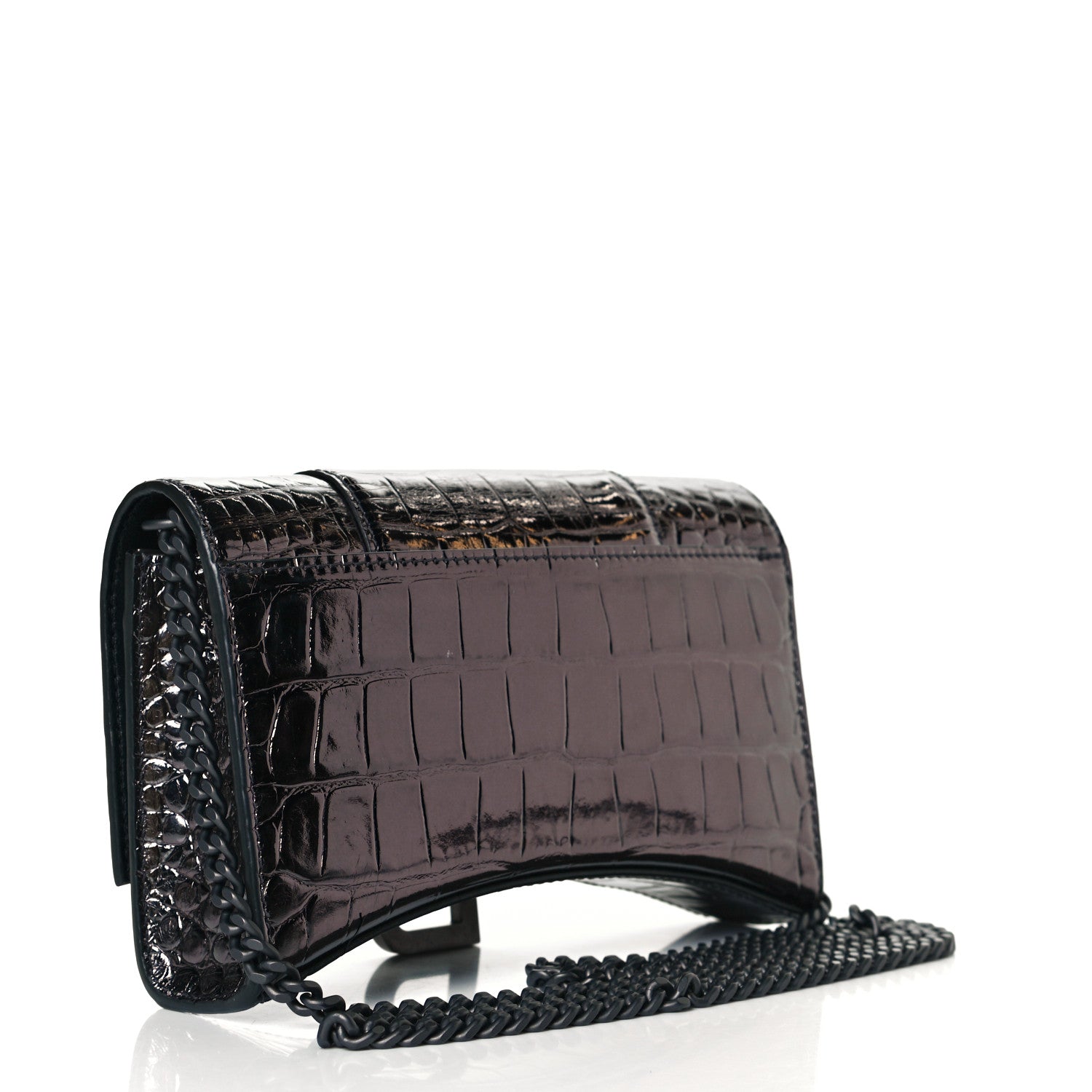 Balenciaga Shiny Calfskin Crocodile Embossed Hourglass Chain Bag Gunmetal 3 of 7