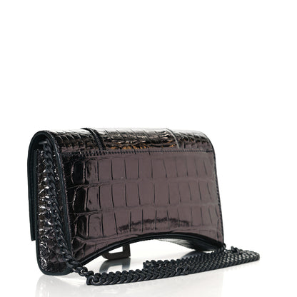 Balenciaga Shiny Calfskin Crocodile Embossed Hourglass Chain Bag Gunmetal 3 of 7