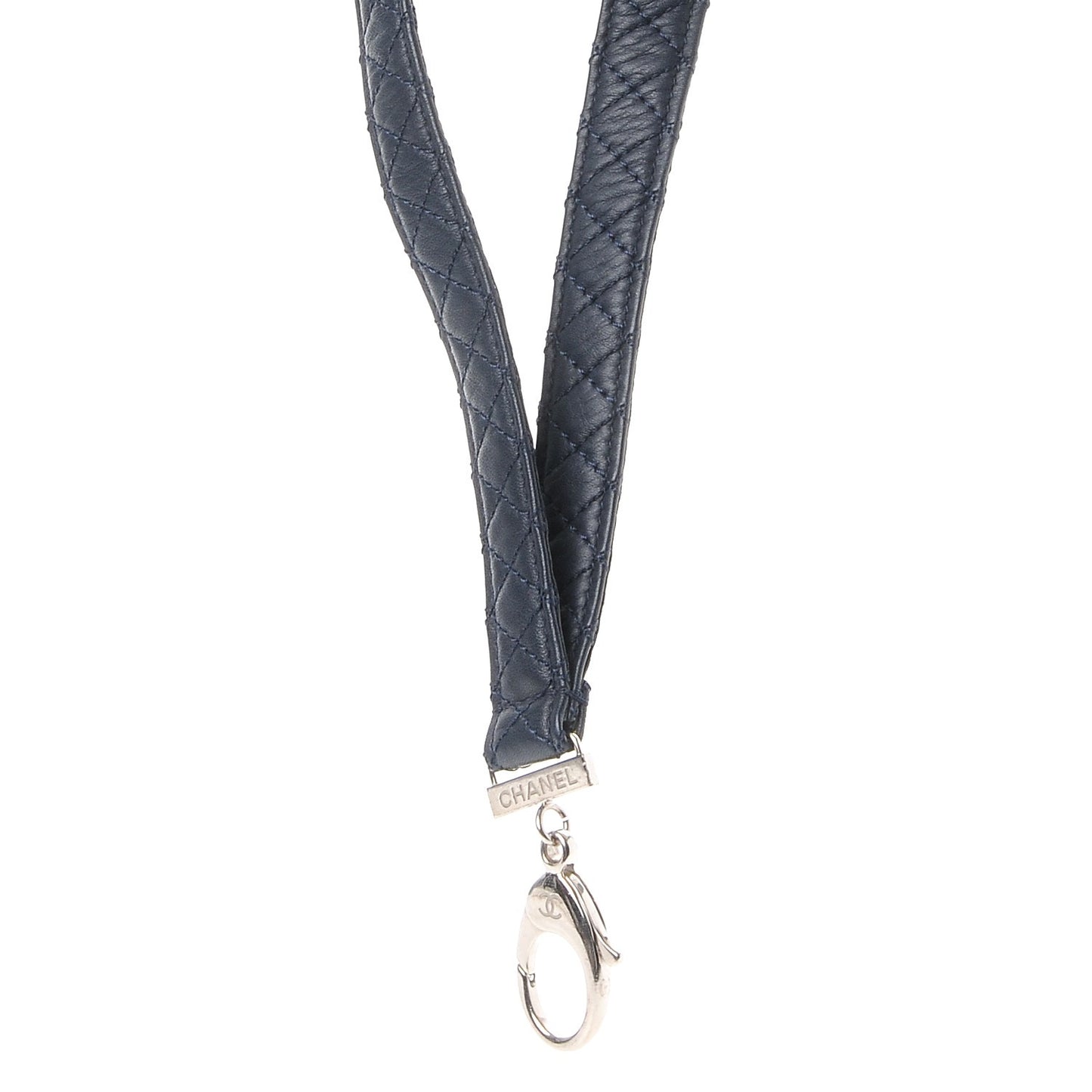 Lambskin Quilted Lanyard Key Holder Necklace Navy