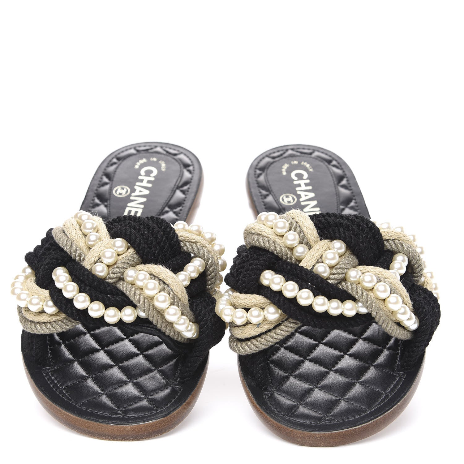 Chanel Lambskin Pearl Cord CC Mules 35 Black Beige 5 of 9