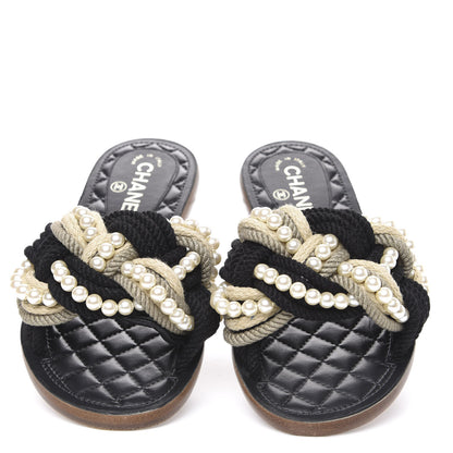 Chanel Lambskin Pearl Cord CC Mules 35 Black Beige 5 of 9