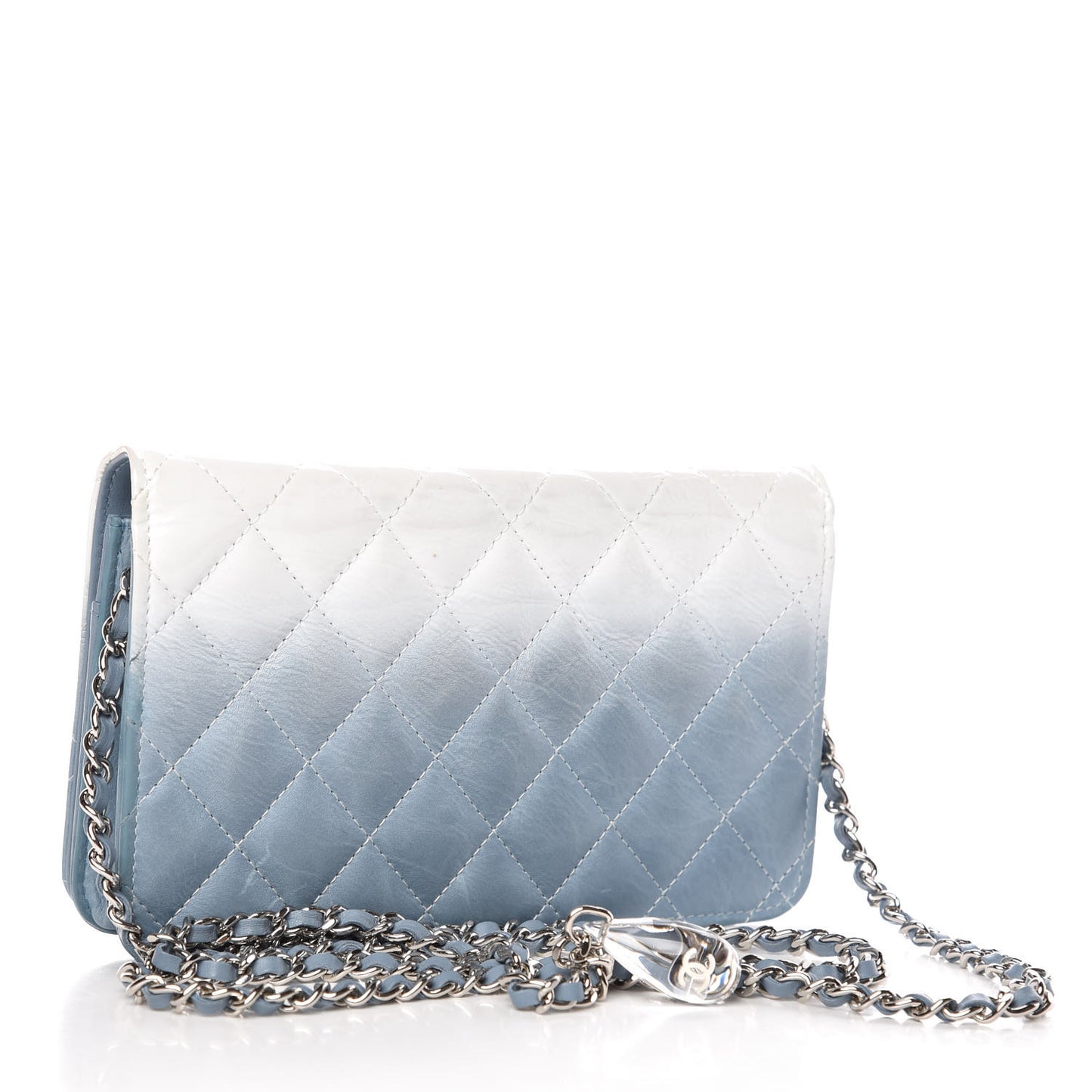 Faded Patent Calfskin Quilted Wallet on Chain Blue