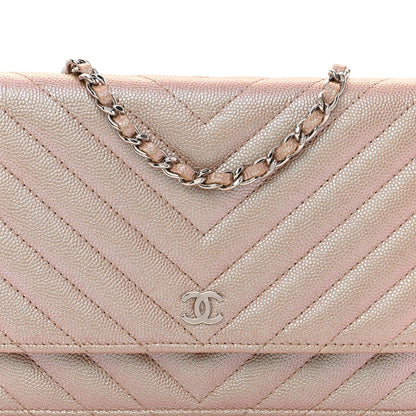 Chanel Metallic Caviar Chevron Quilted Wallet On Chain WOC Light Gold 8 of 10