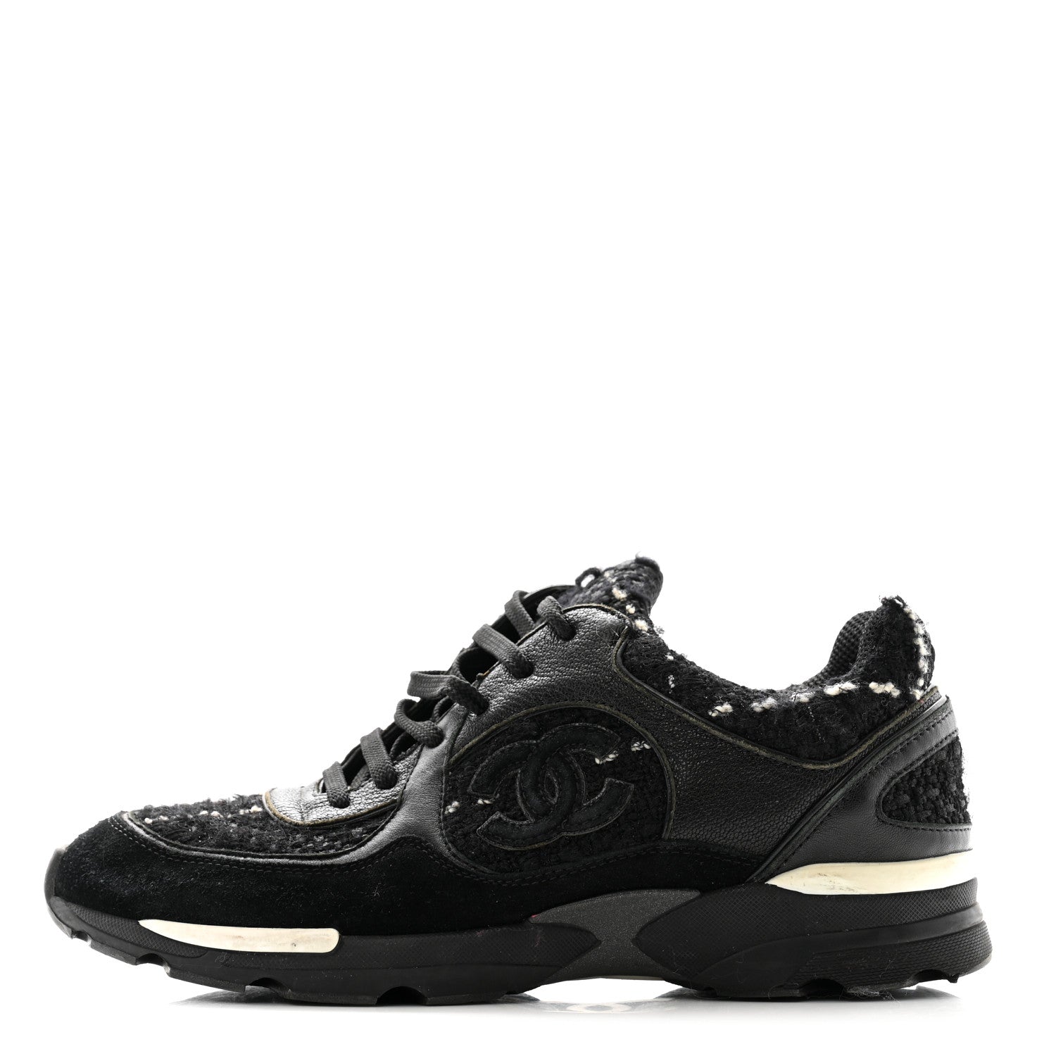 Chanel Tweed Suede Goatskin CC Sneakers 38 Black White 1 of 11
