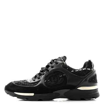 Chanel Tweed Suede Goatskin CC Sneakers 38 Black White 1 of 11