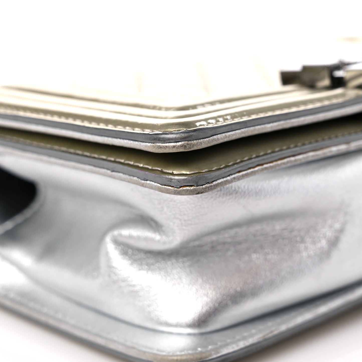 Metallic Patent Calfskin Quilted Small Boy Flap Silver