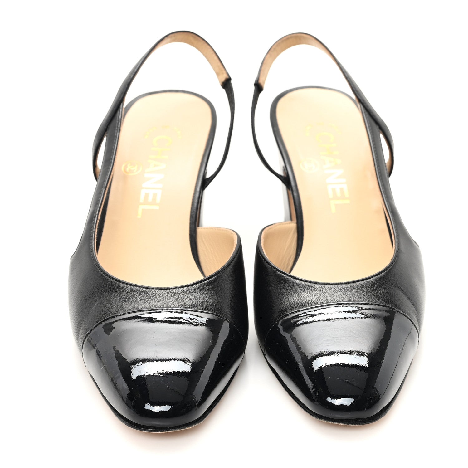 Chanel Lambskin Patent Cap Toe CC Slingback Pumps 36 Black 1727919