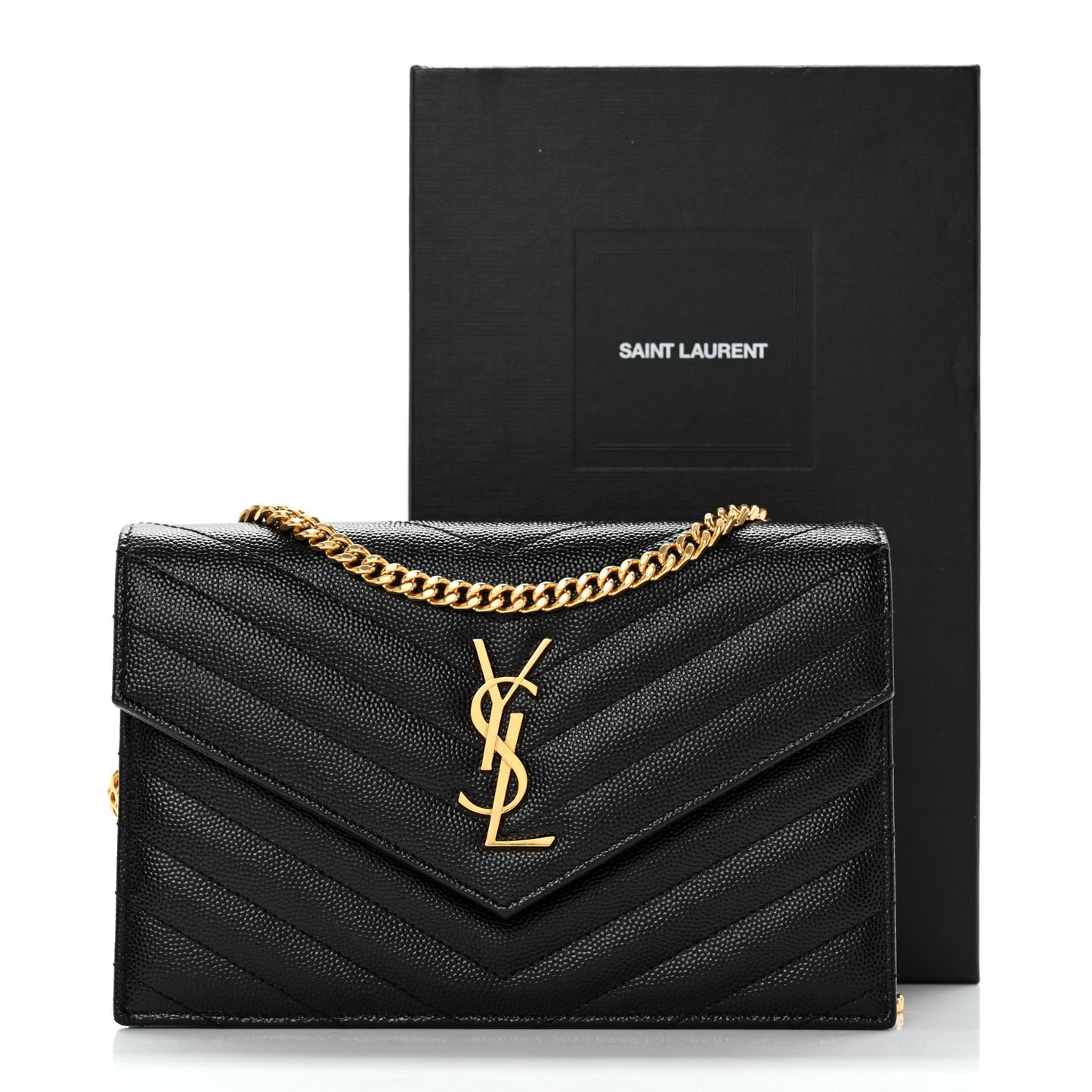 Grain De Poudre Matelasse Chevron Monogram Envelope Chain Wallet Black