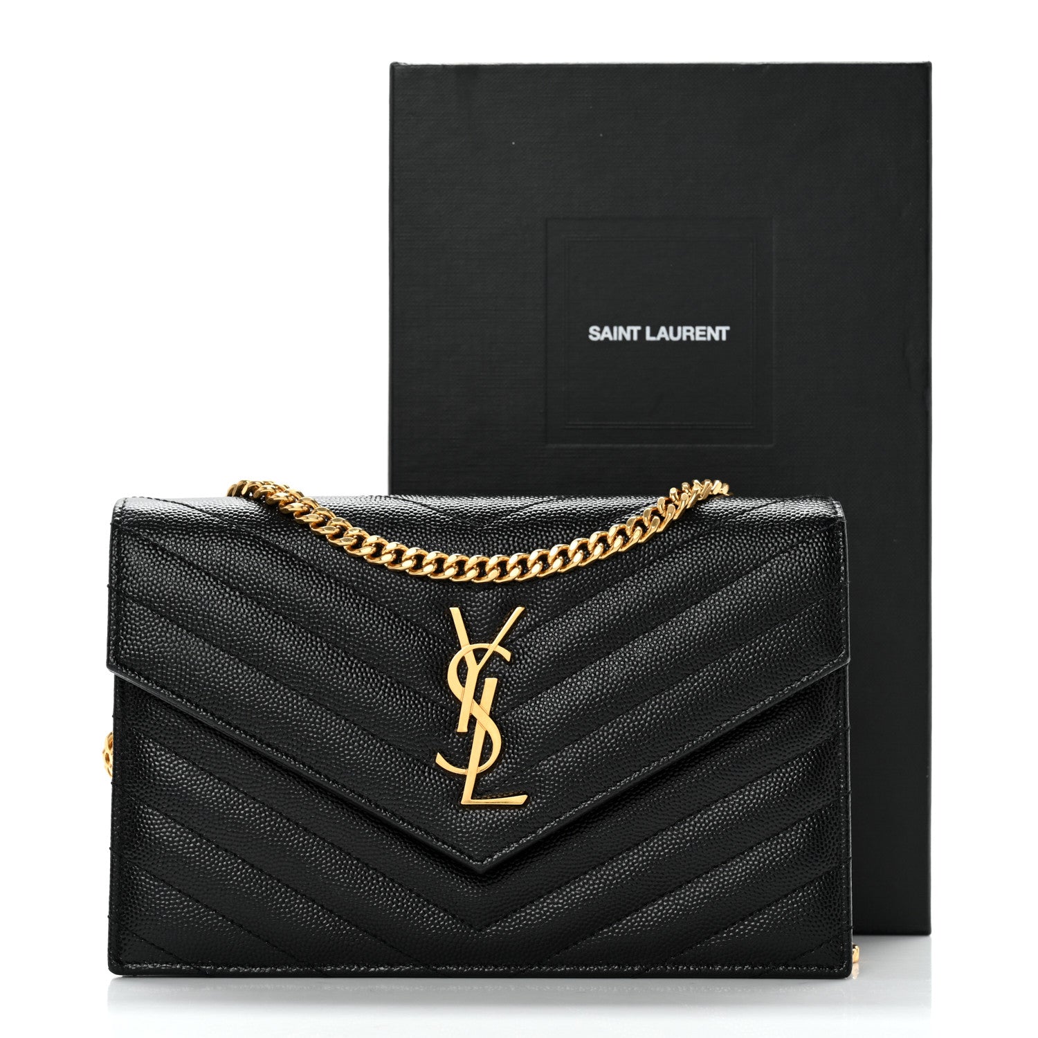 Saint Laurent Grain De Poudre Matelasse Chevron Monogram Envelope Chain Wallet Black 12 of 12