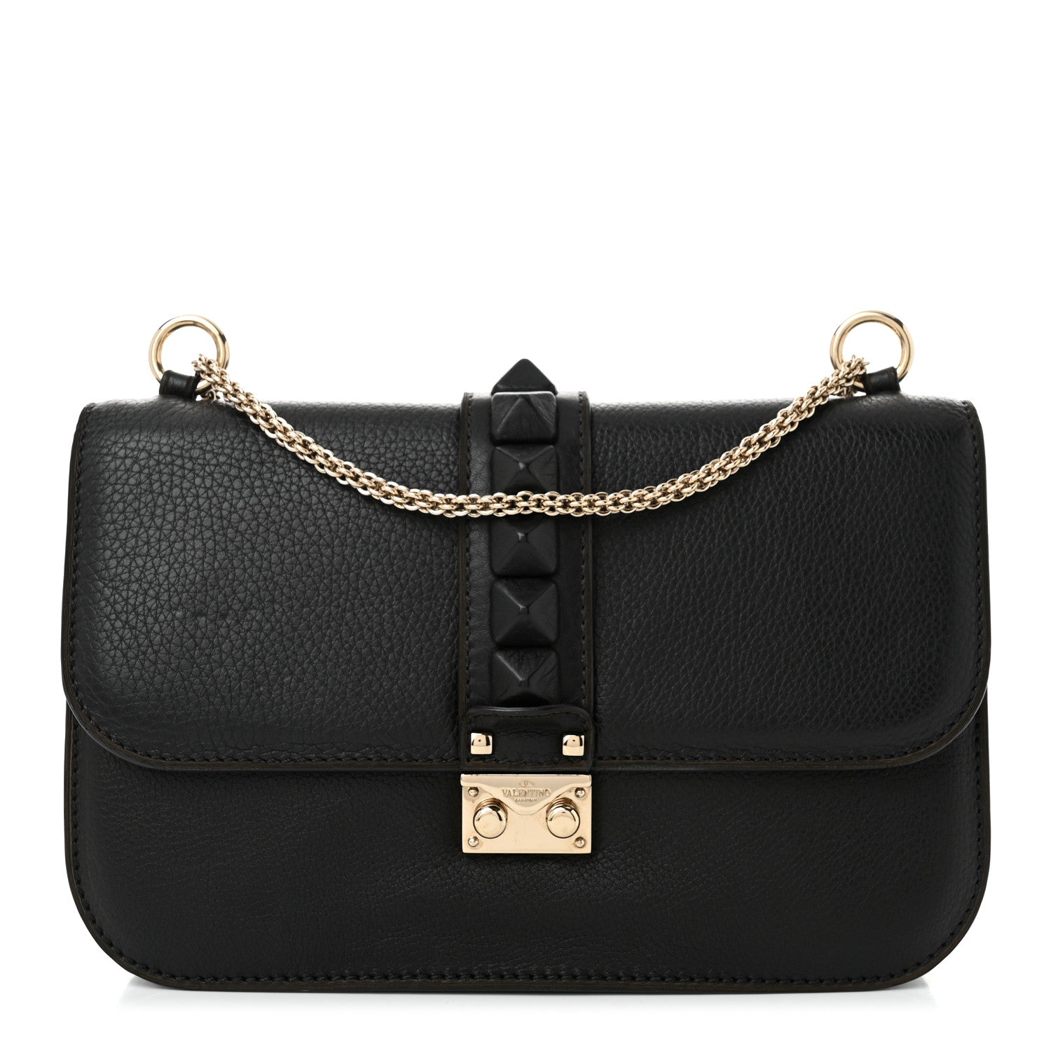 Valentino Garavani Pebbled Calfskin Monochrome Medium Glam Lock Rockstud Flap Black 1 of 9