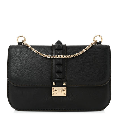 Valentino Garavani Pebbled Calfskin Monochrome Medium Glam Lock Rockstud Flap Black 1 of 9